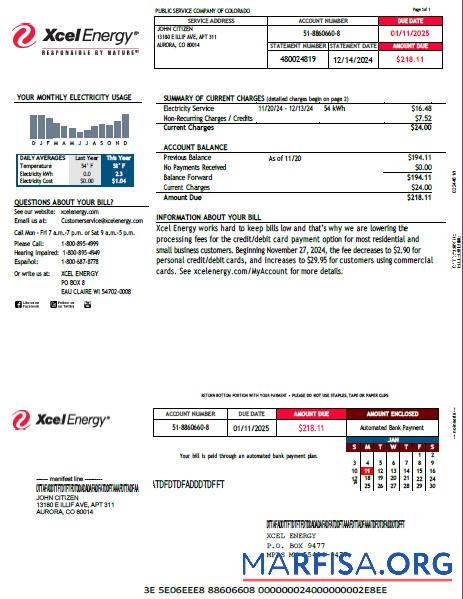 Realistic USA Xcel Energy utility bill template in Word and PDF formats, version 2